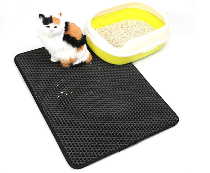 Black Pet Cat Double Litter Mat with honeycomb pattern and cat next to litter box