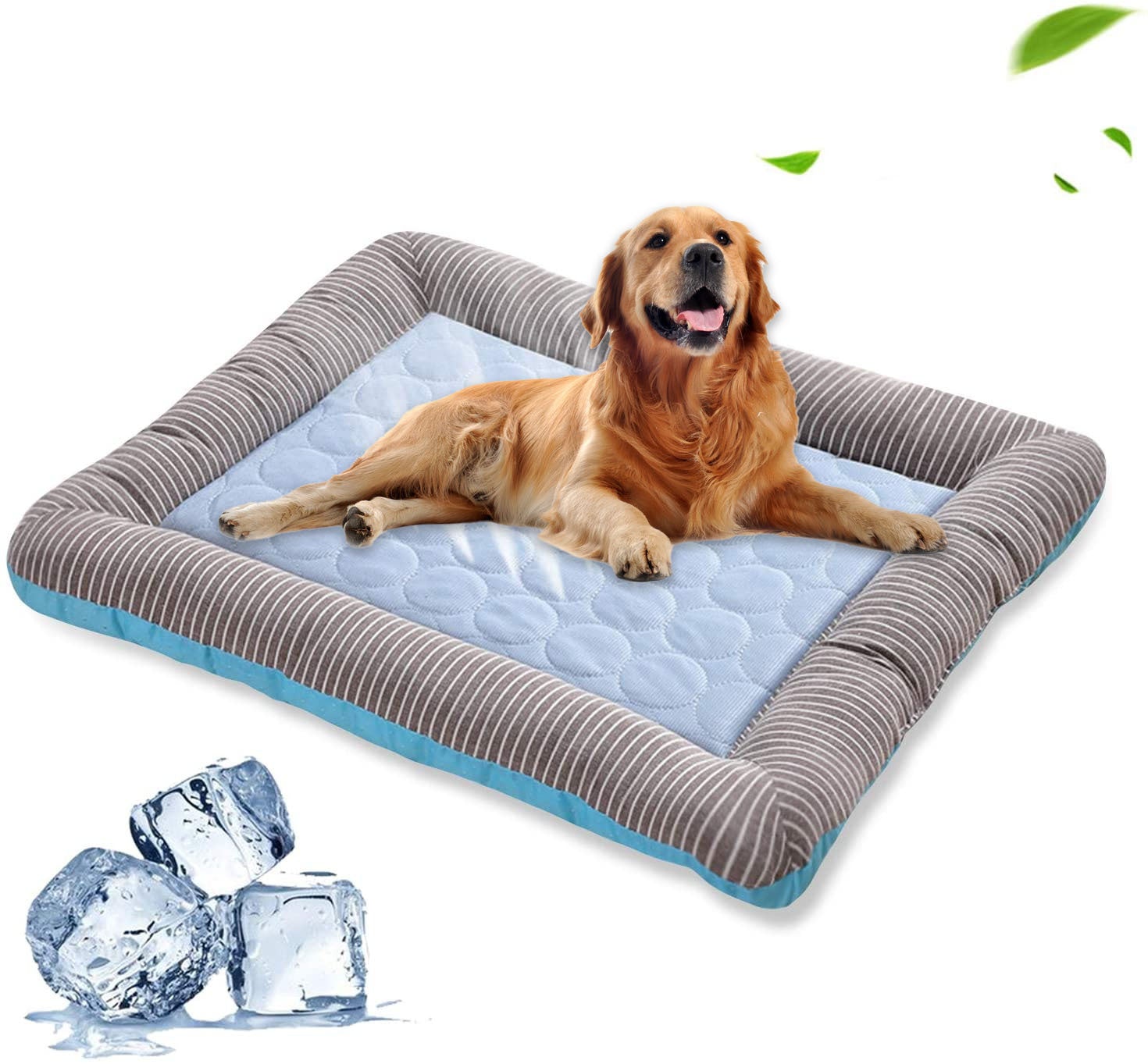 Golden retriever lying on a blue and gray striped pet cooling pad bed with ice cubes illustration
