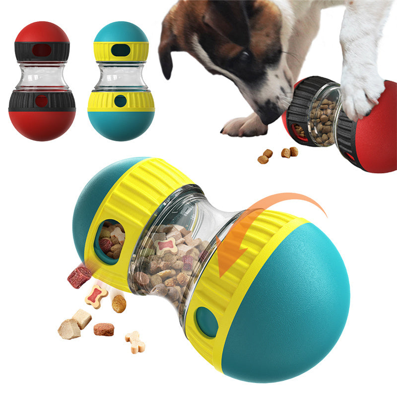 Food dispensing dog toy tumbler with adjustable difficulty for slow feeding and mental stimulation in red and lake blue colors