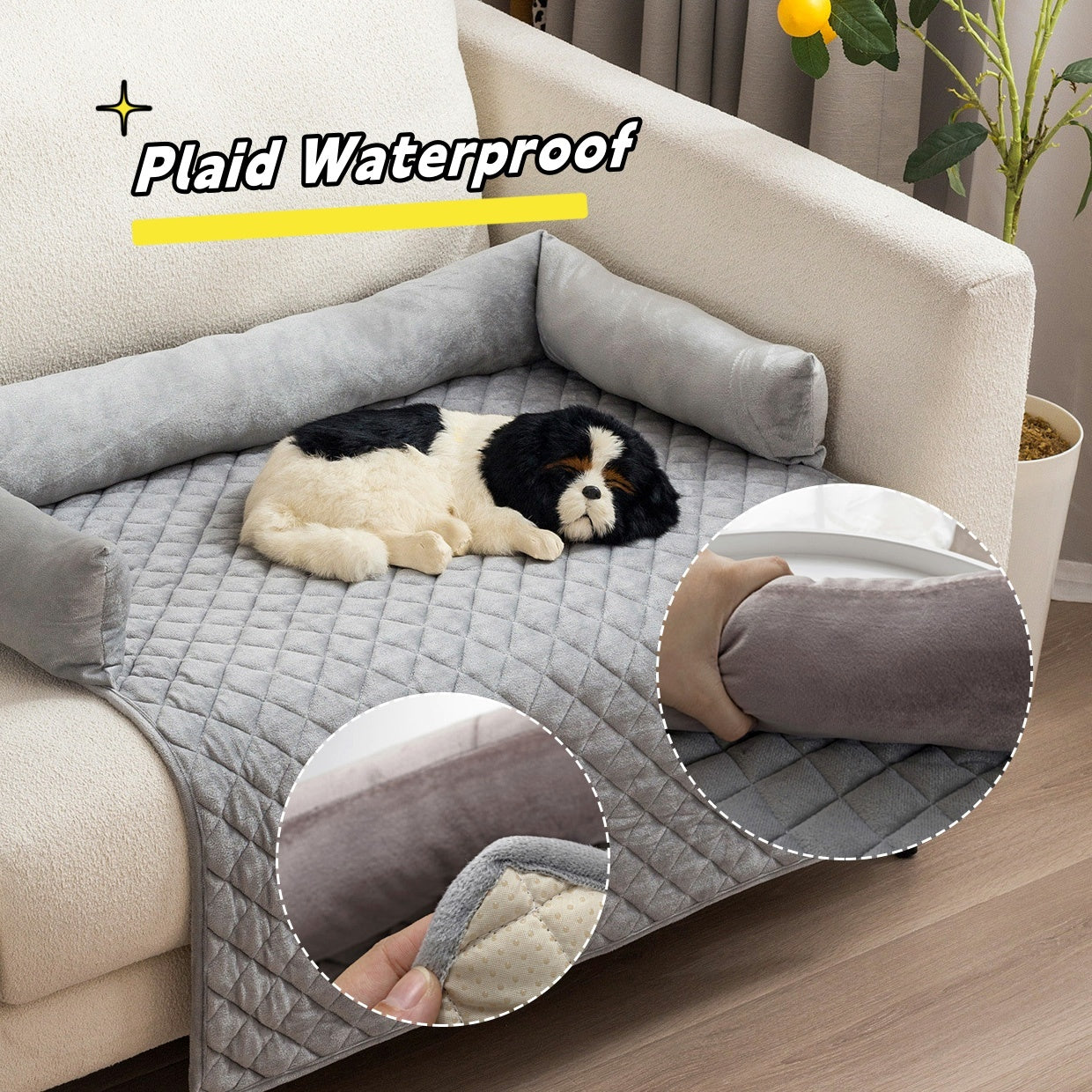 Gray plaid waterproof pet sofa protector bed with soft plush cushion and curved design for dogs