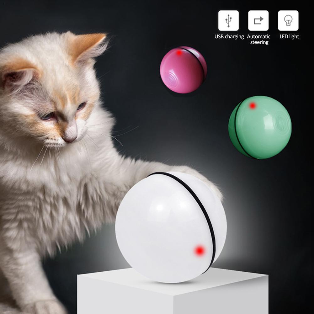 Cat playing with LED Laser Electronic Rolling Toy Ball featuring USB charging, automatic steering, and LED light modes in multiple colors